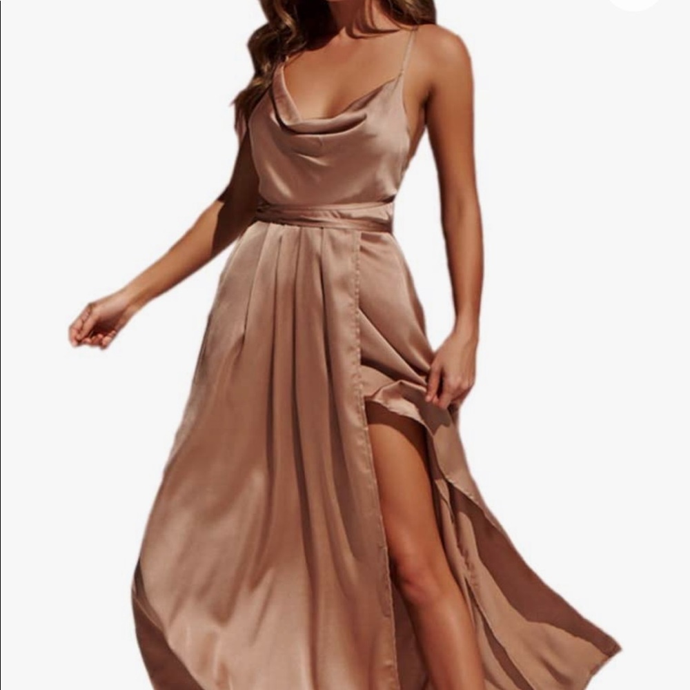 ~Crème dela Crème:Cowl Neck Satin Split Maxi Gown~